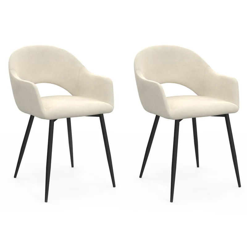 Chaises avec accoudoirs Rebecca en velours crème et pieds métal - lot de 2