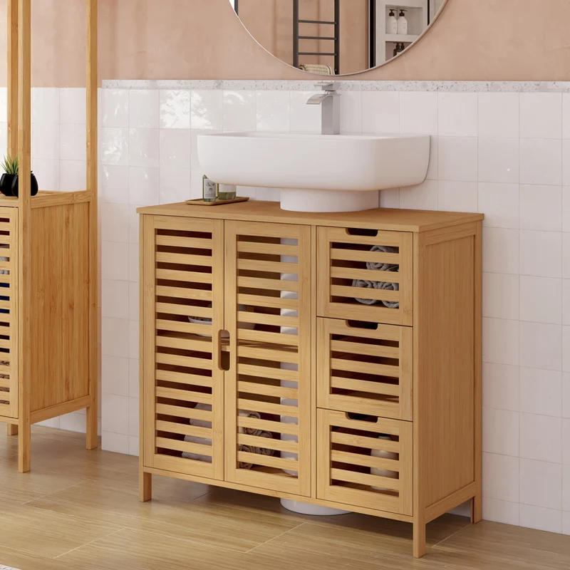 Meuble sous vasque Maya bambou placards et tiroirs