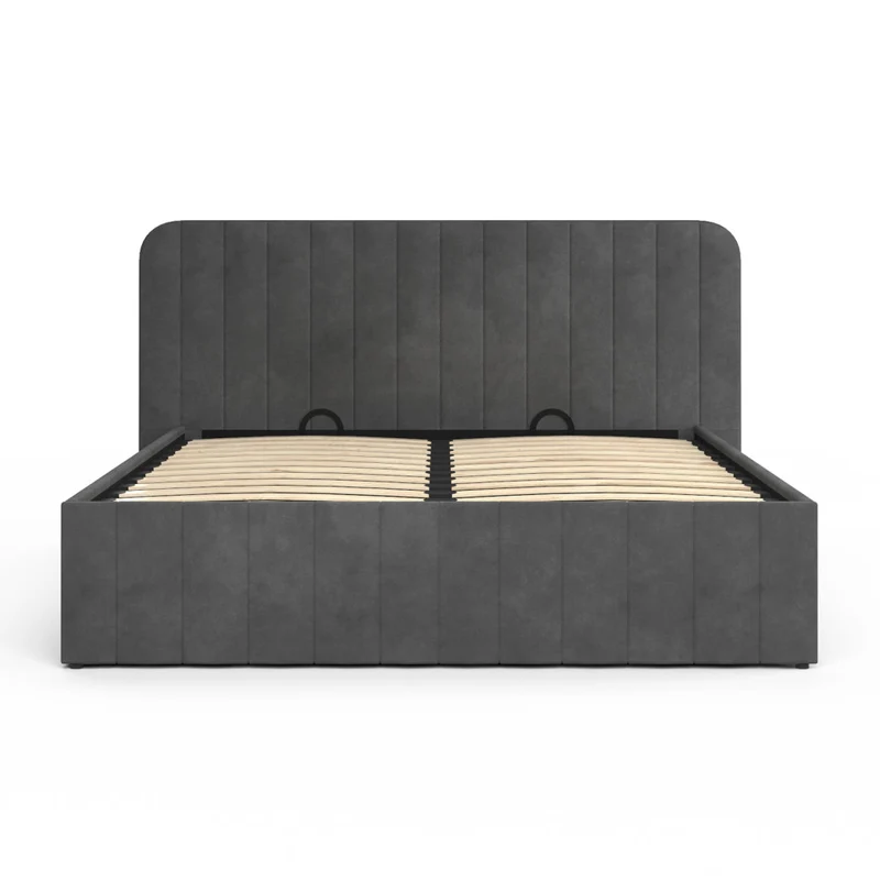Lit coffre Valentina en velours gris avec sommier et tête de lit 160x200cm