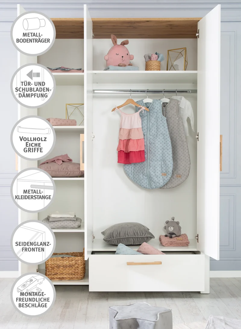 Kleiderschrank 'Ava' 3-trg. in weiß, mit Deckplatte in 'Artisan Eiche‘, HxBxT: 200 x 137 x 53 cm