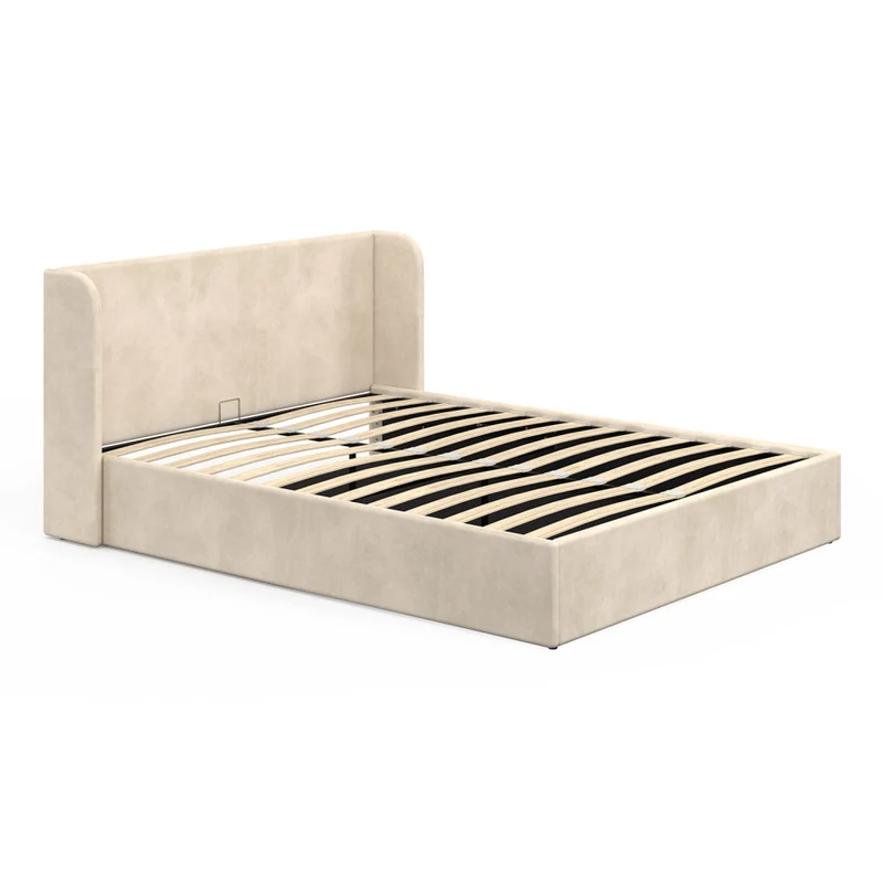 Lit coffre Lucia en velours beige avec sommier et tête de lit 160x200cm