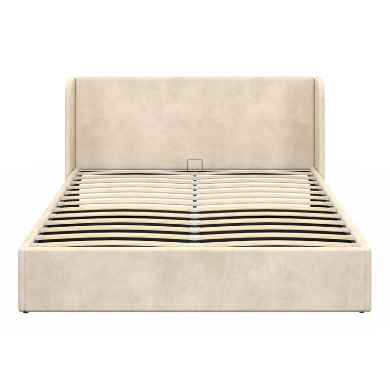 Lit coffre Lucia en velours beige avec sommier et tête de lit 160x200cm