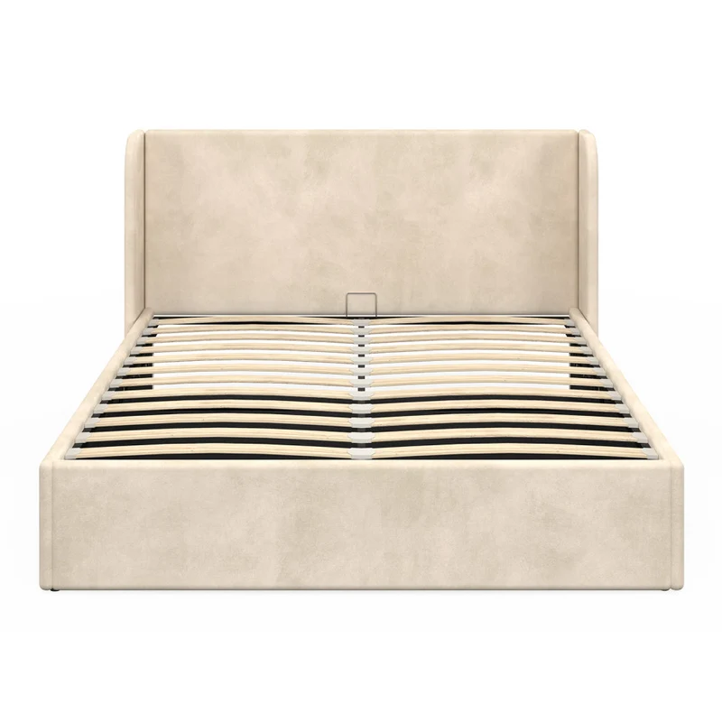 Lit coffre Lucia en velours beige avec sommier et tête de lit 140x190cm