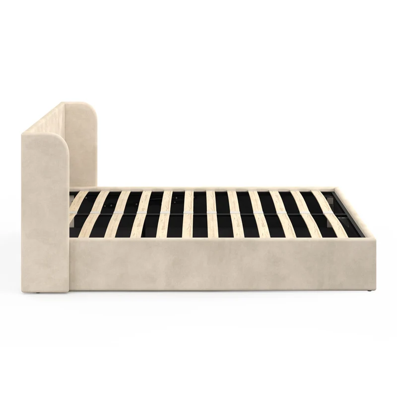 Lit coffre Lucia en velours beige avec sommier et tête de lit 140x190cm