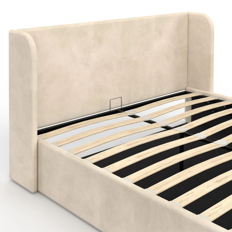 Lit coffre Lucia en velours beige avec sommier et tête de lit 140x190cm