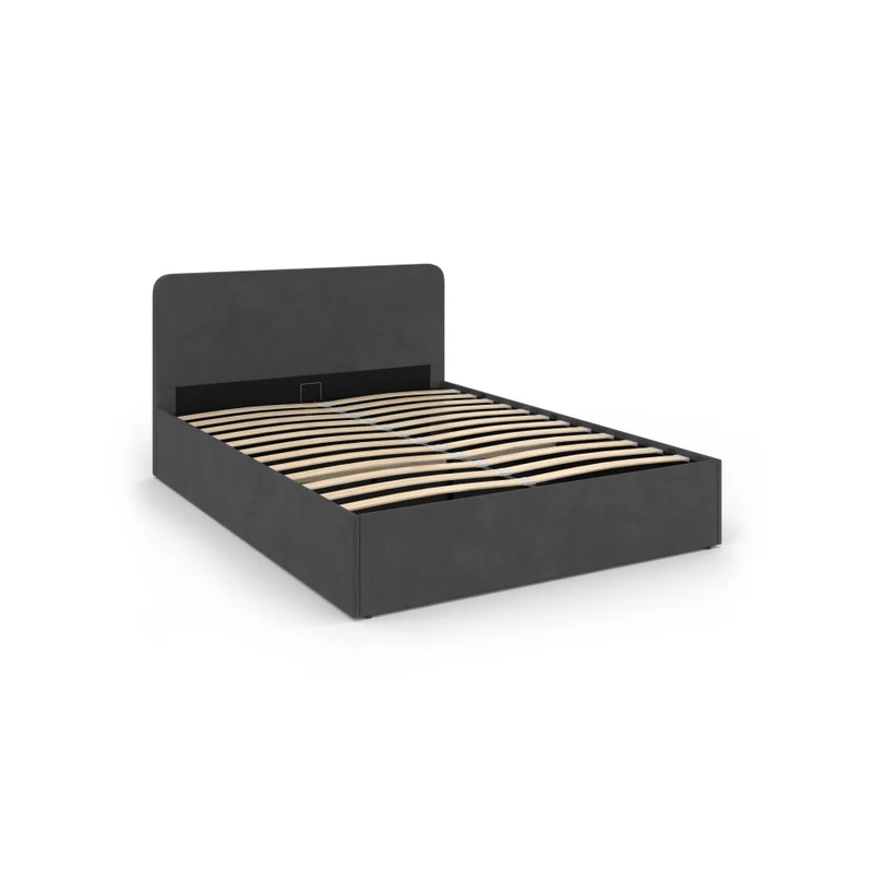 Lit coffre Louise en velours gris avec sommier et tête de lit arrondie 140x190cm