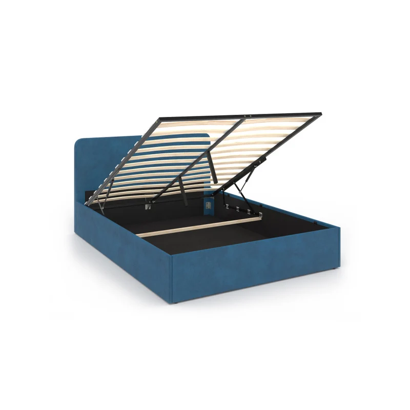 Lit coffre Louise en velours bleu avec sommier et tête de lit arrondie 140x190cm