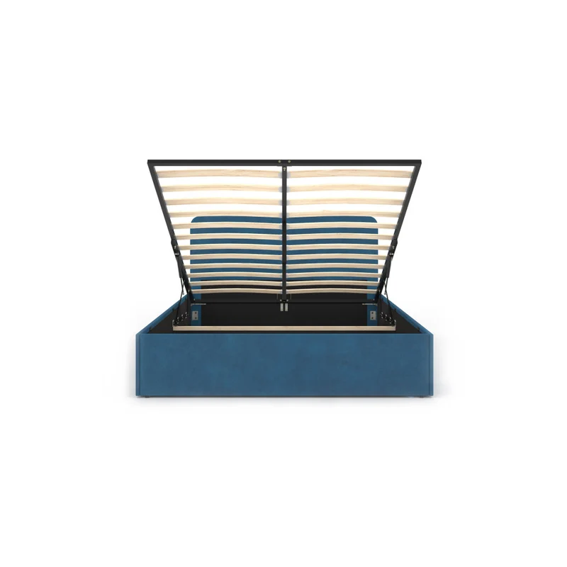 Lit coffre Louise en velours bleu avec sommier et tête de lit arrondie 140x190cm