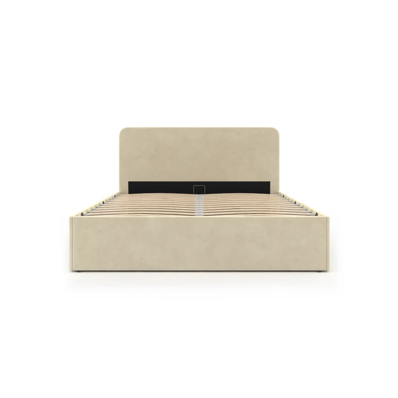 Lit coffre Louise en velours beige avec sommier et tête de lit arrondie 140x190cm