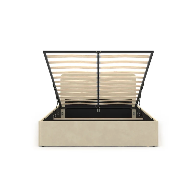 Lit coffre Louise en velours beige avec sommier et tête de lit arrondie 140x190cm