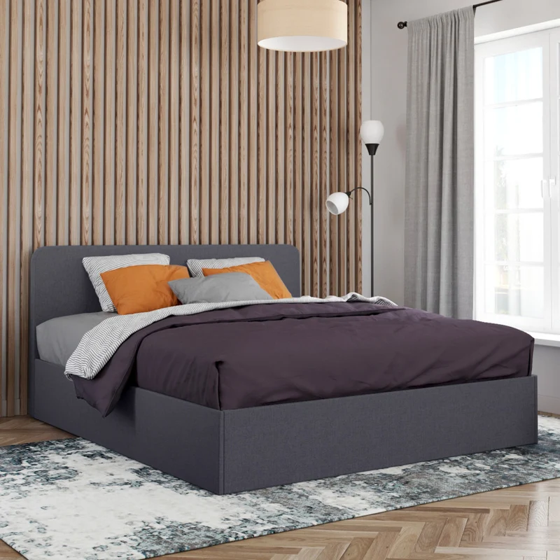 Lit coffre Louise en tissu gris avec sommier et tête de lit arrondie 160x200cm