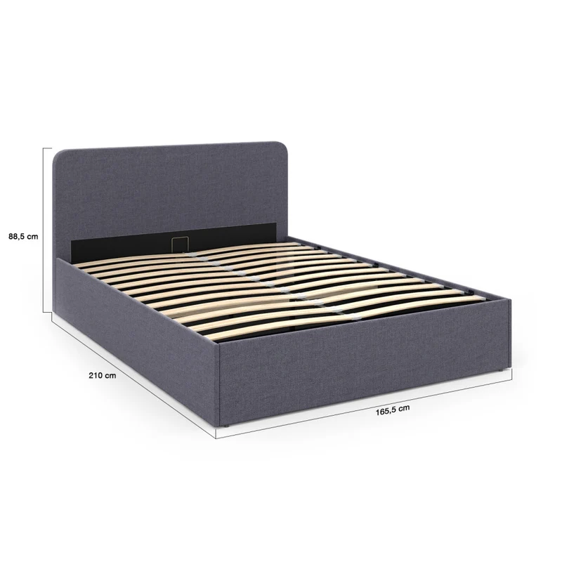 Lit coffre Louise en tissu gris avec sommier et tête de lit arrondie 160x200cm