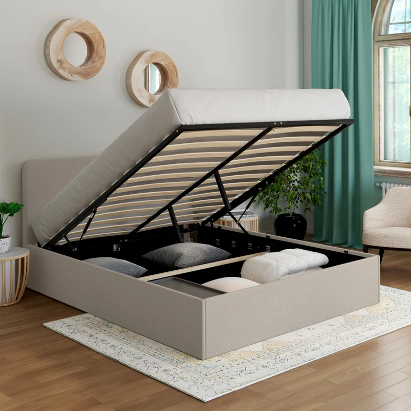 Lit coffre Louise en tissu beige avec sommier et tête de lit arrondie 140x190cm