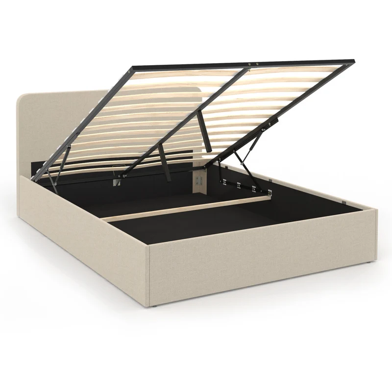 Lit coffre Louise en tissu beige avec sommier et tête de lit arrondie 140x190cm