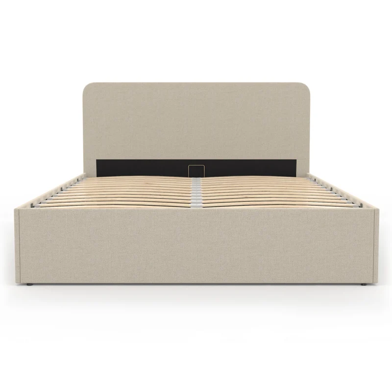 Lit coffre Louise en tissu beige avec sommier et tête de lit arrondie 140x190cm
