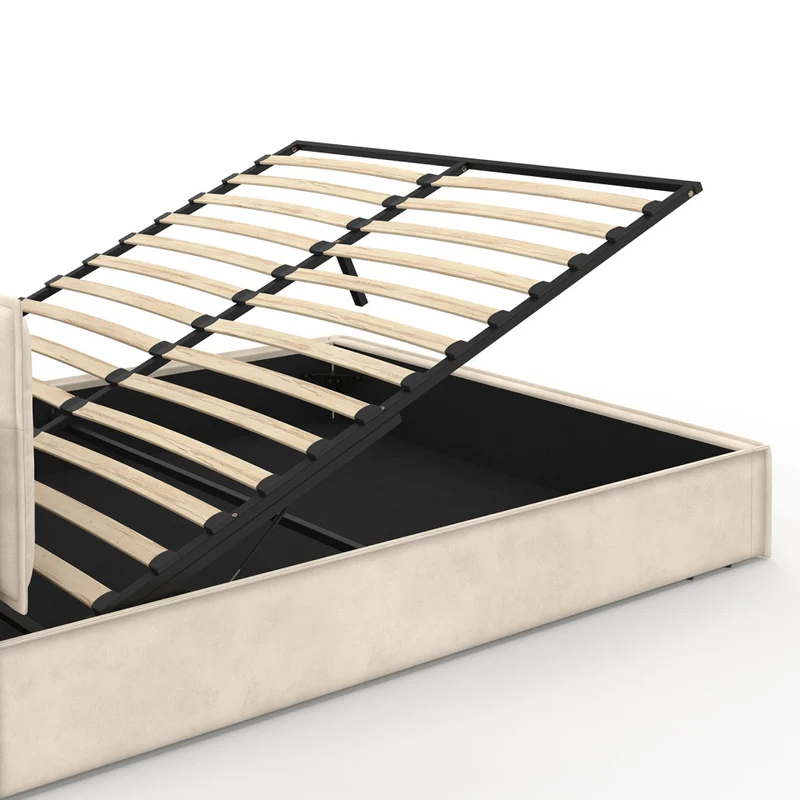 Lit coffre Lilou en velours beige avec sommier et tête de lit effet oreiller 160x200cm