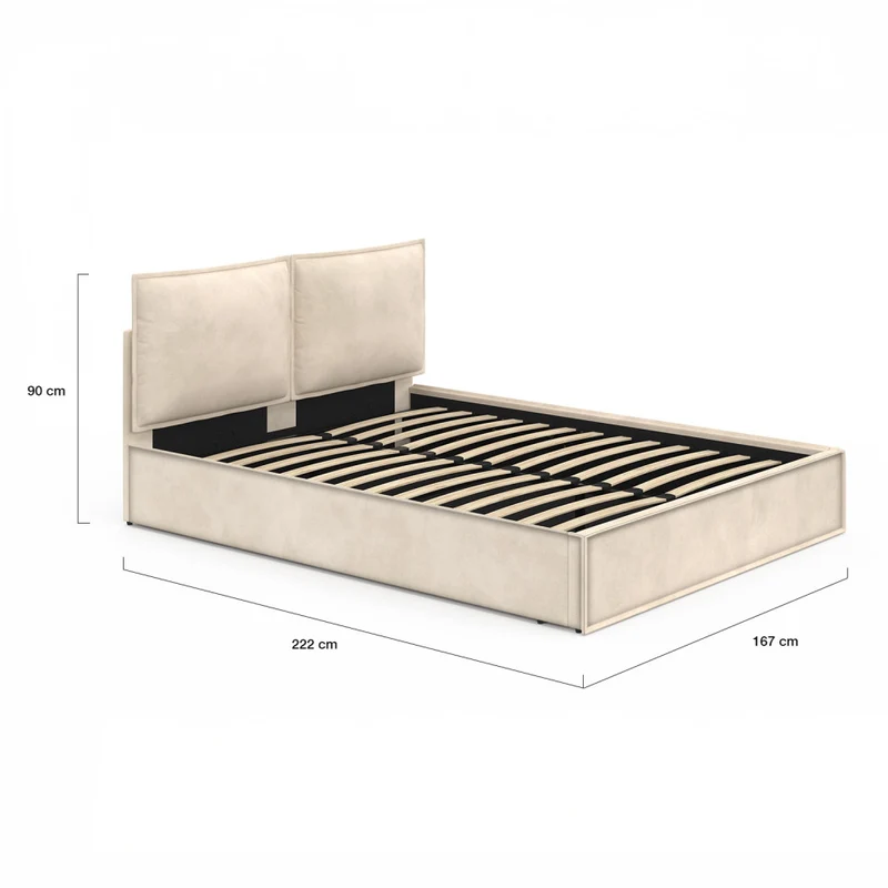 Lit coffre Lilou en velours beige avec sommier et tête de lit effet oreiller 160x200cm