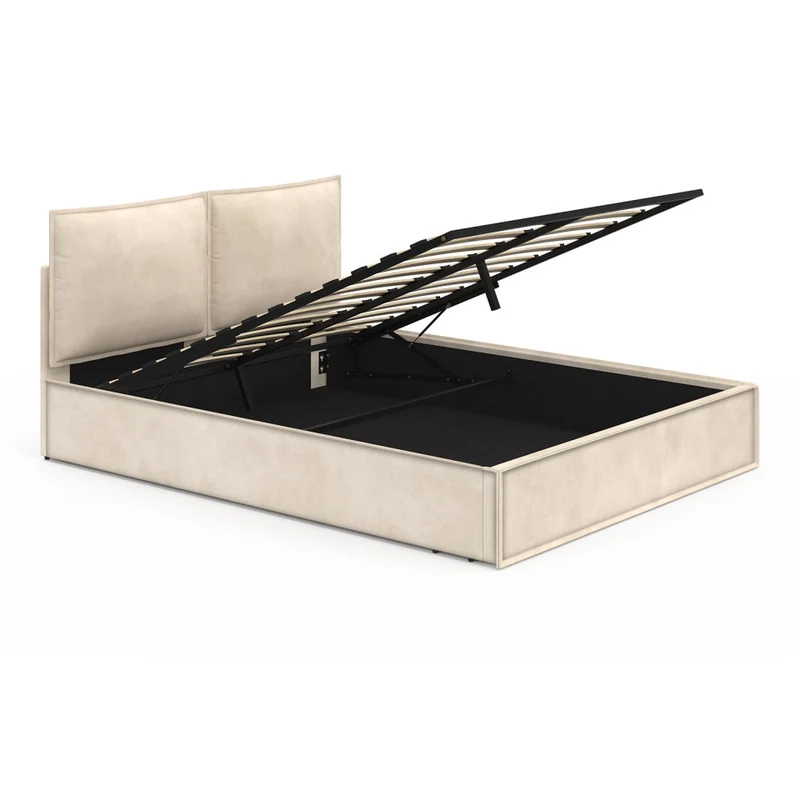 Lit coffre Lilou en velours beige avec sommier et tête de lit effet oreiller 160x200cm