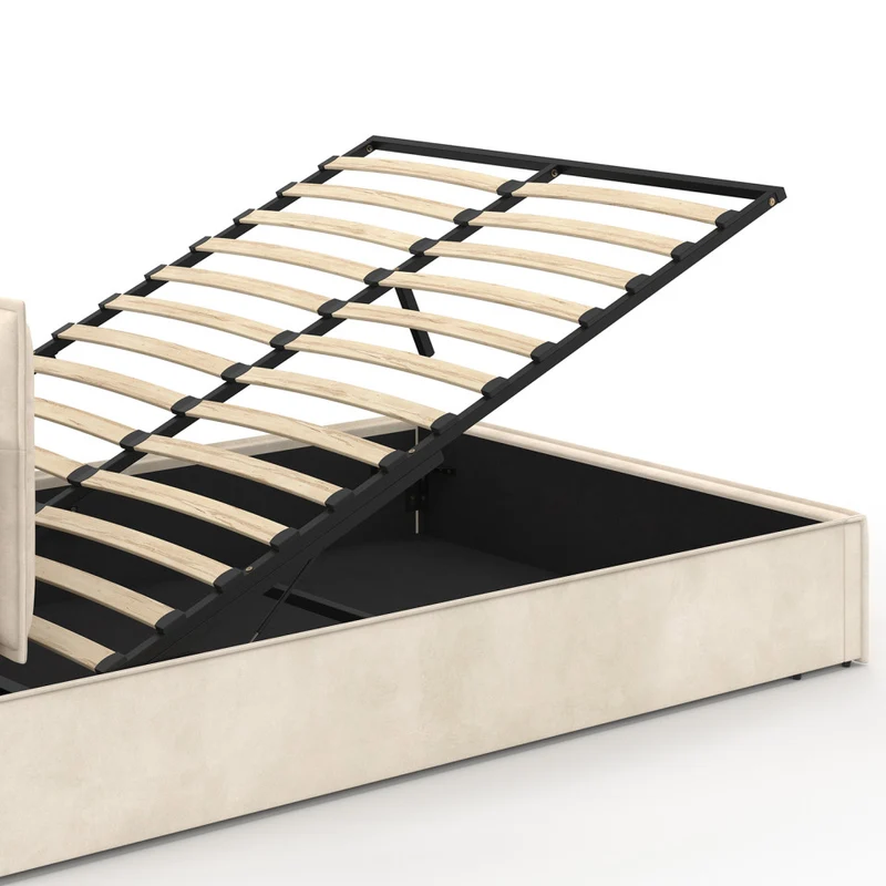 Lit coffre Lilou en velours beige avec sommier et tête de lit effet oreiller 140x190cm