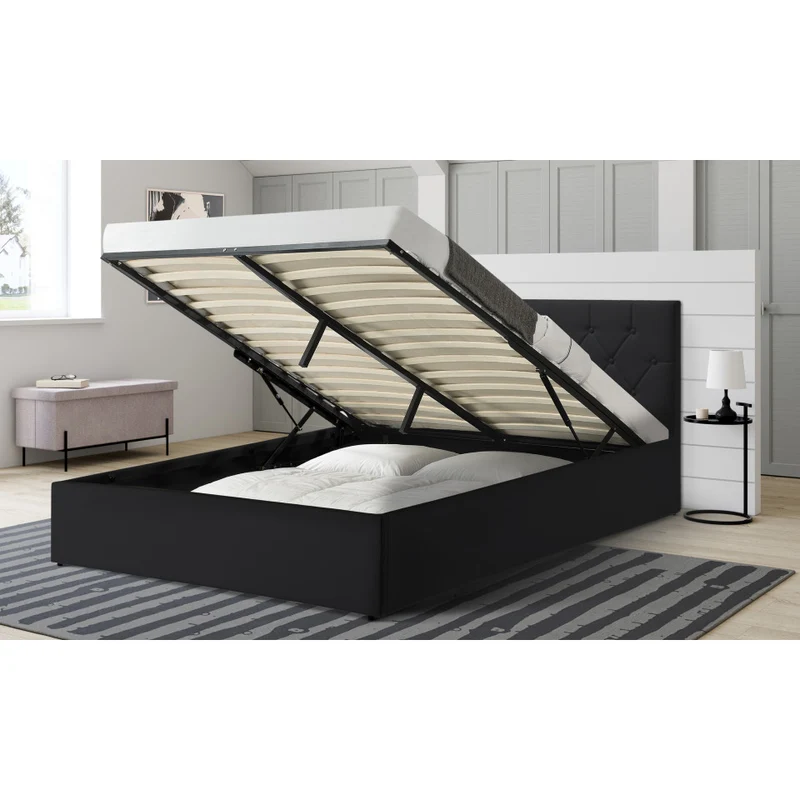 Lit coffre Hanna en PVC noir avec sommier et tête de lit 160x200cm