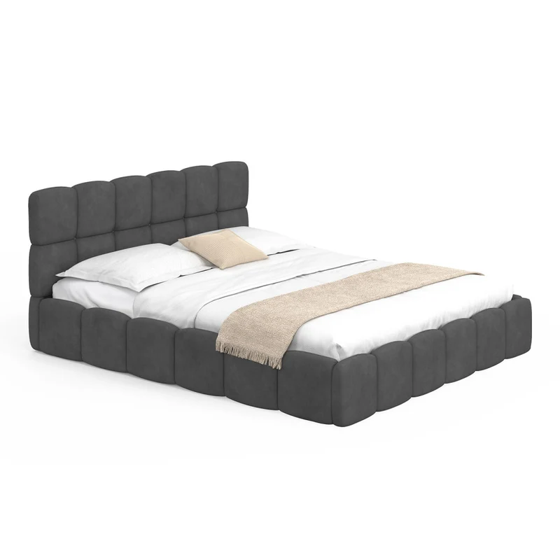 Lit coffre Bubble en velours gris avec sommier et tête de lit 160x200cm