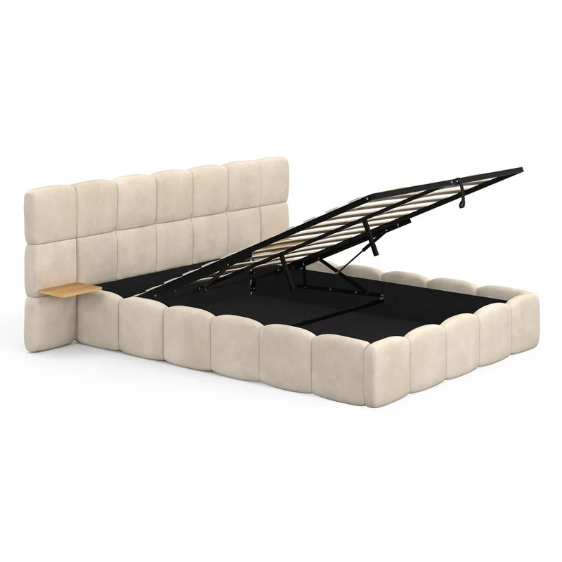 Lit coffre Bubble 140x190cm velours beige chevets intégrés