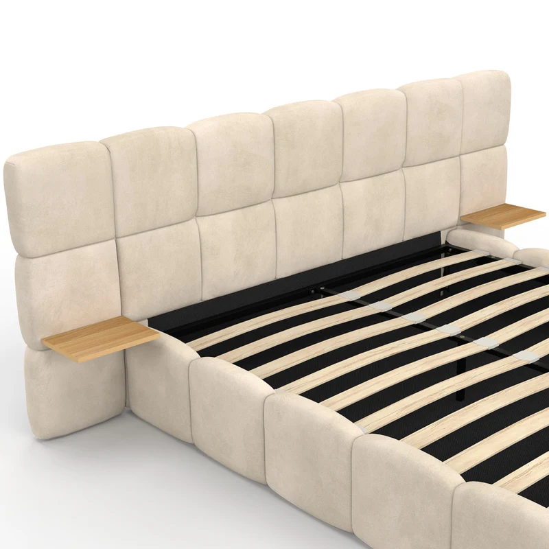 Lit coffre Bubble 140x190cm velours beige chevets intégrés