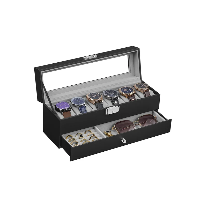 Caja de Reloj con Tapa de Cristal de 2 Niveles Superficie PU Negro y Forro