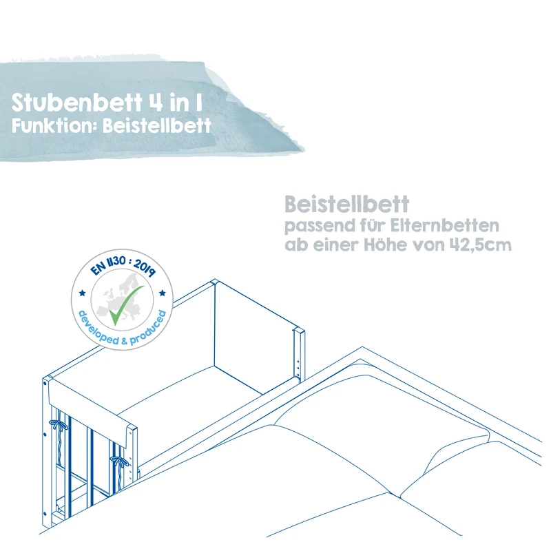 Stuben- & Beistellbett 'Indibär' 4 in 1, Babybett, Wiege & Kinderbank, weiß