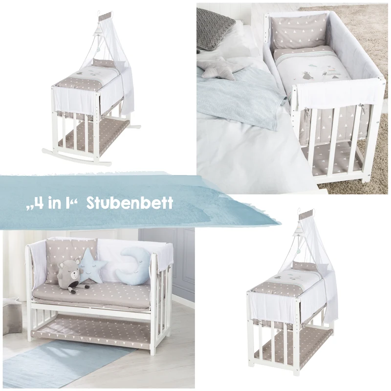 Stuben- & Beistellbett 'Indibär' 4 in 1, Babybett, Wiege & Kinderbank, weiß