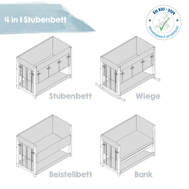 Stuben- & Beistellbett 'Indibär' 4 in 1, Babybett, Wiege & Kinderbank, weiß