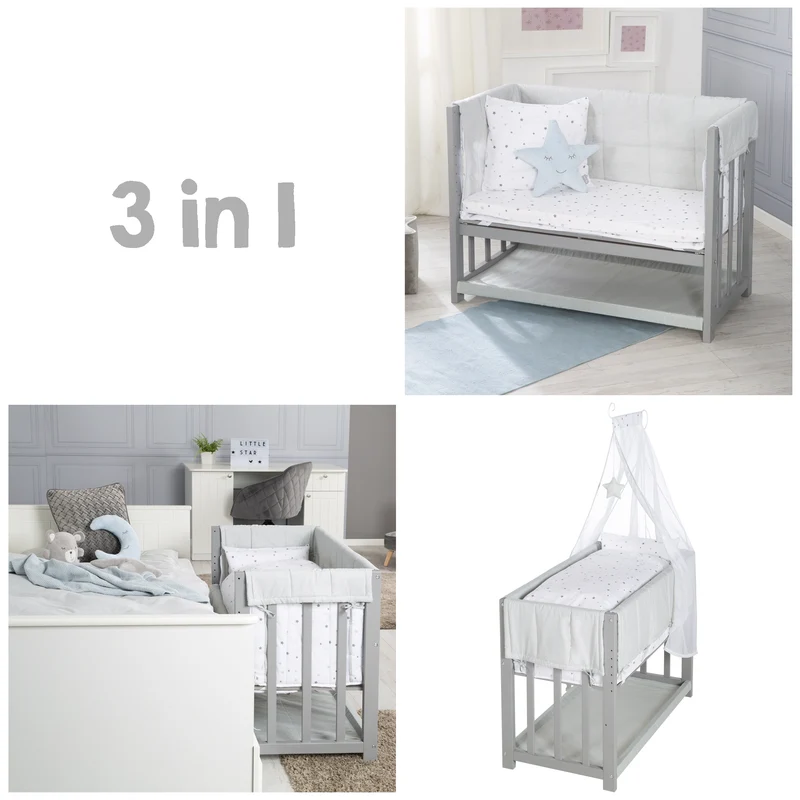 Stuben- & Beistellbett 'Sternenzauber grau' 3 in 1, Babybett grau, inkl. kompletten Bettzubehör