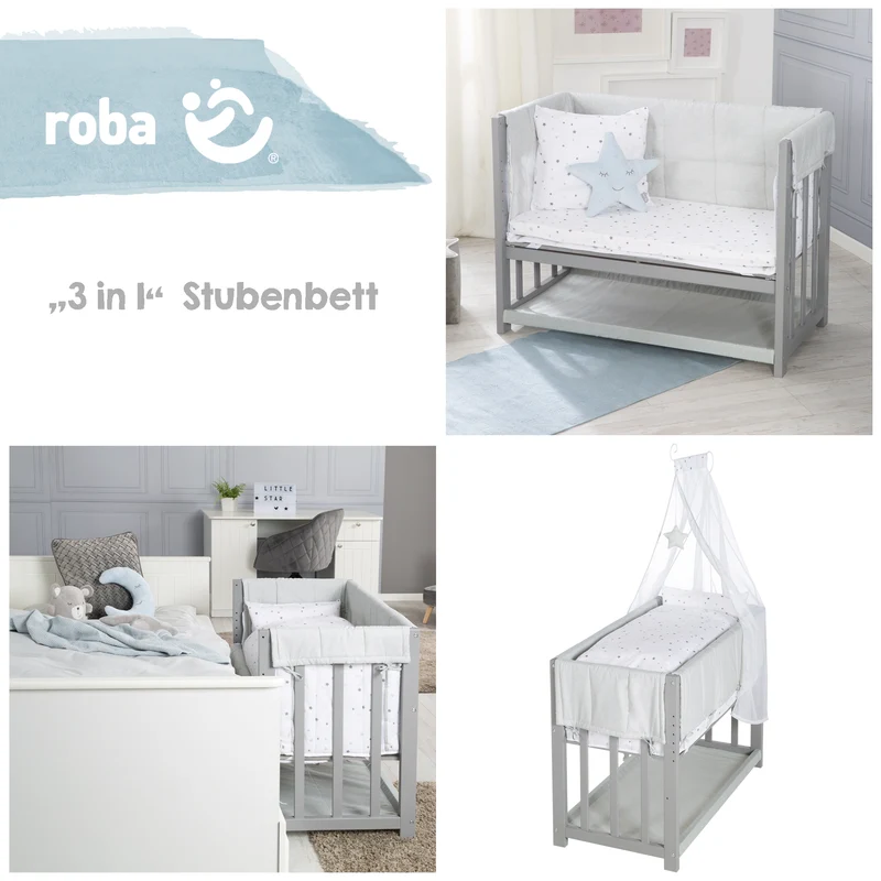 Stuben- & Beistellbett 'Sternenzauber grau' 3 in 1, Babybett grau, inkl. kompletten Bettzubehör