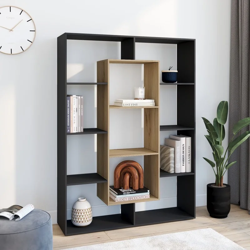 Etagère bibliothèque Paulette 11 compartiments bois et noire 143cm