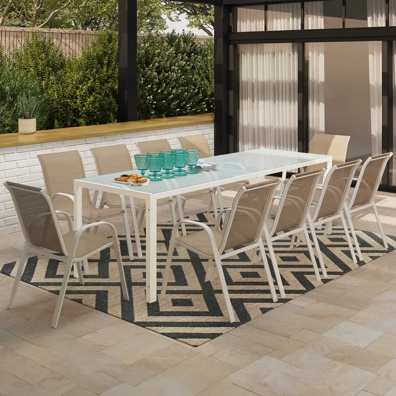 Ensemble repas Formentera 10 places en acier beige et verre trempé 240 cm