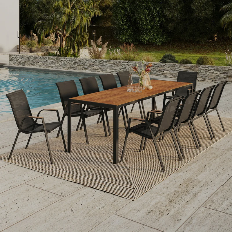 Ensemble repas Timbia 10 places noir et verre trempé effet bois