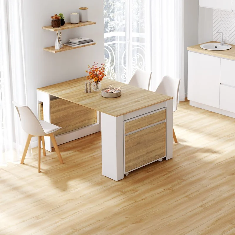 Buffet extensible console Nora blanc effet hêtre 230cm