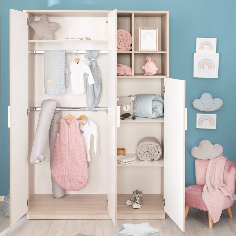 Kleiderschrank 'Olaf', 3 Drehtüren, mit offenem Regal, Weiß / Luna Elm