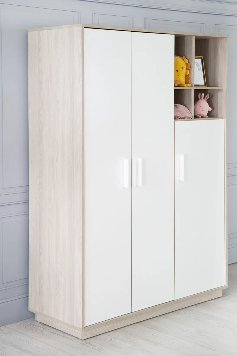 Kleiderschrank 'Olaf', 3 Drehtüren, mit offenem Regal, Weiß / Luna Elm