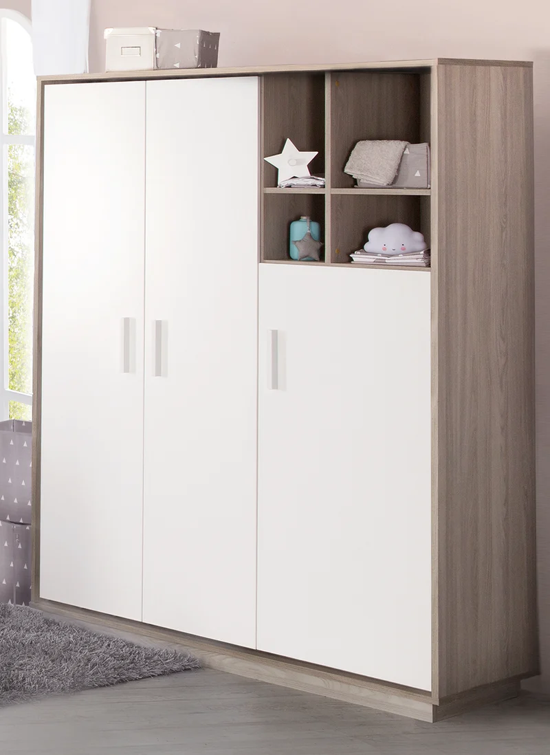 Kleiderschrank 'Olaf', 3 Drehtüren, mit offenem Regal, Weiß / Luna Elm