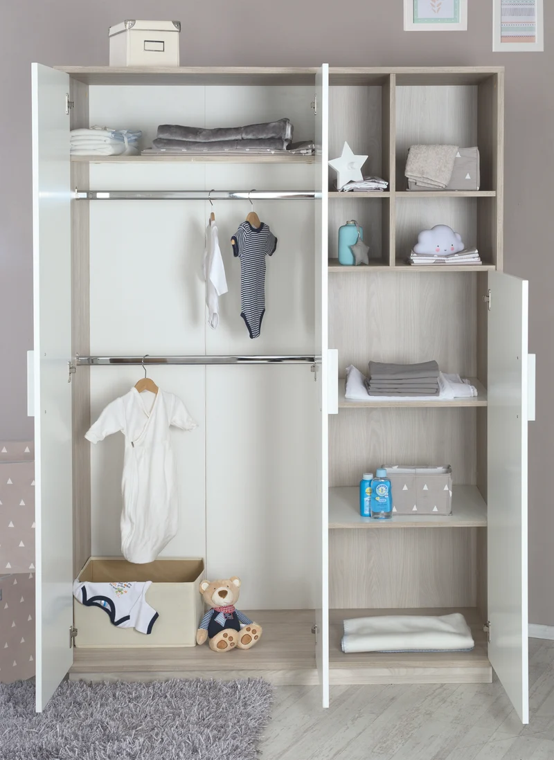 Kleiderschrank 'Olaf', 3 Drehtüren, mit offenem Regal, Weiß / Luna Elm