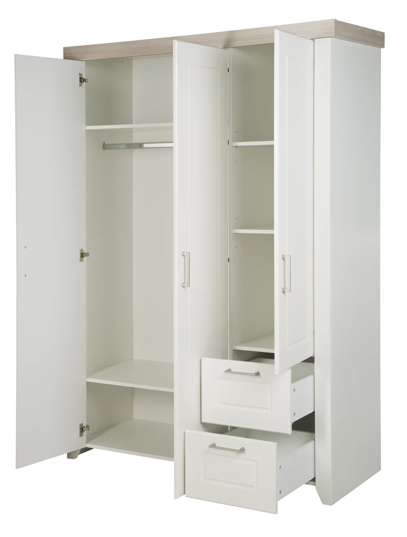 Kleiderschrank 'Felicia', 3-türiger Schrank, 2 Schubladen, Landhausstil, weiß