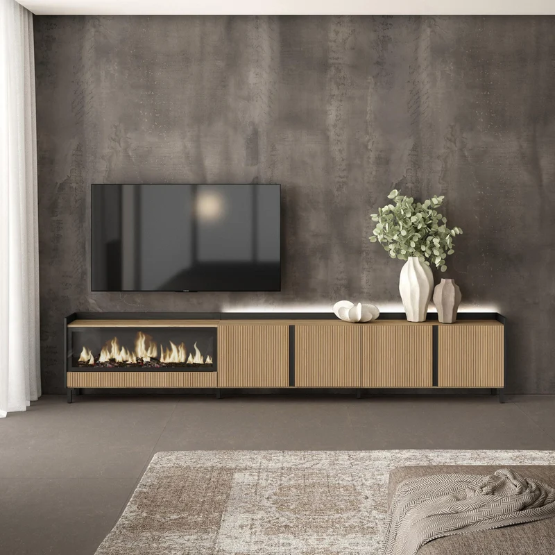 Meuble TV Led 315x61x35 cm Pour les TV jusqu'à 80" Cheminée électrique à gauche XXL Design industriel Chêne et noir