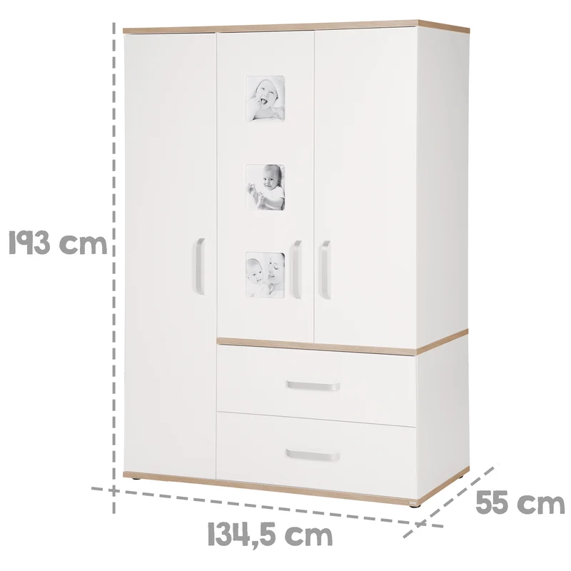 Kleiderschrank 'Pia', 3-türig, inkl. 3 Bilderrahmen, Baby- & Kinderzimmer, Eiche 'San Remo'