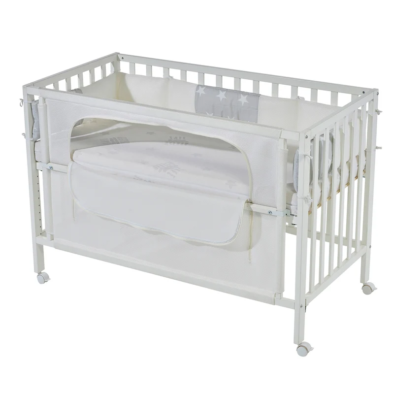 Room Bed 'safe asleep®', 60 x 120 cm, 'Sterne grau', Beistellbett inkl. Ausstattung, weiß lackiert