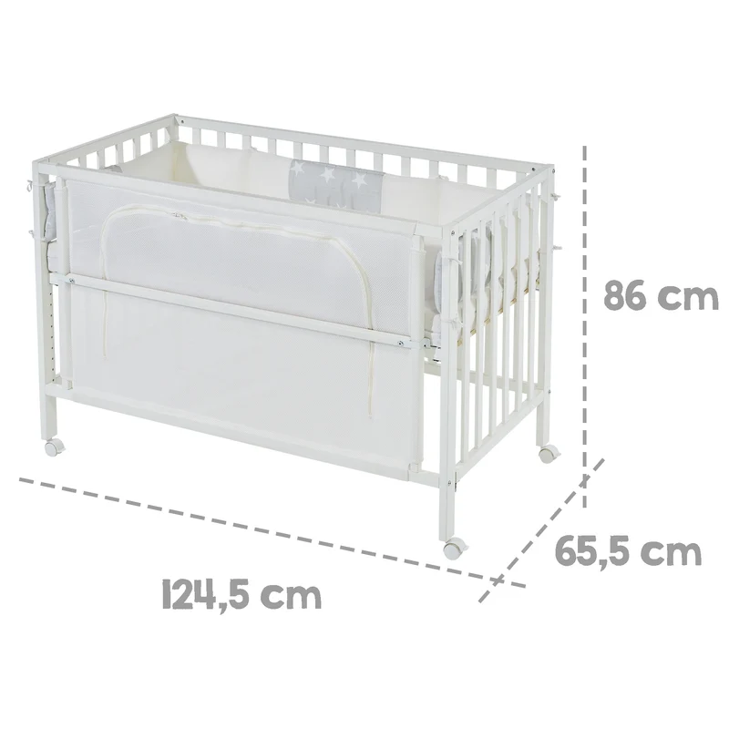 Room Bed 'safe asleep®', 60 x 120 cm, 'Sterne grau', Beistellbett inkl. Ausstattung, weiß lackiert