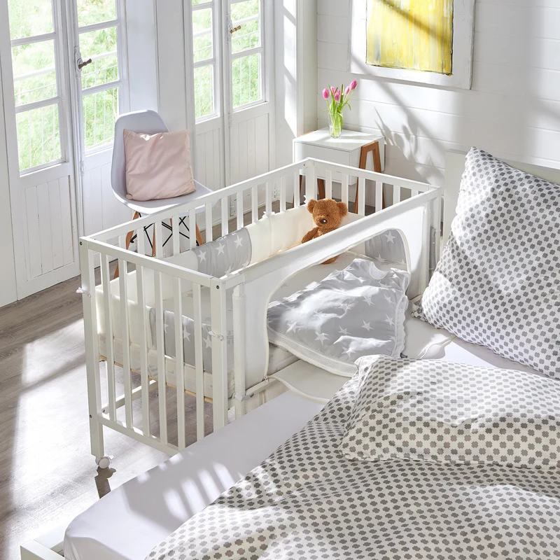 Room Bed 'safe asleep®', 60 x 120 cm, 'Sterne grau', Beistellbett inkl. Ausstattung, weiß lackiert