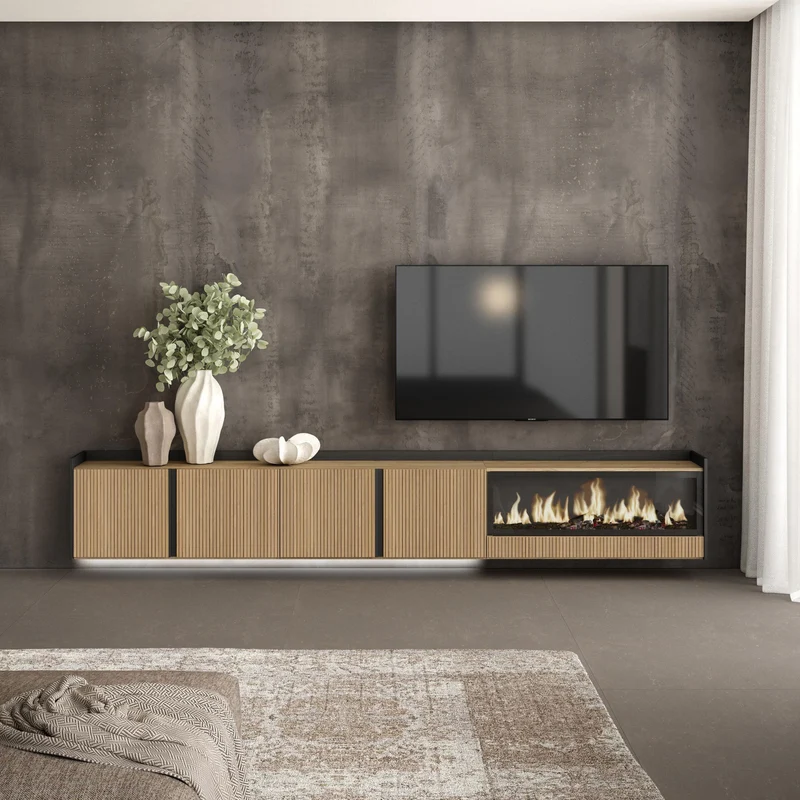 Meuble TV Suspendu Led 315x50x35 cm Pour les TV jusqu'à 80" Cheminée électrique à droite XXL Mural Chêne et noir