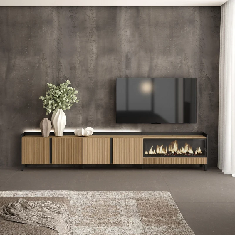 Meuble TV Led 315x61x35 cm Pour les TV jusqu'à 80" Cheminée électrique à droite XXL Design industriel Chêne et noir