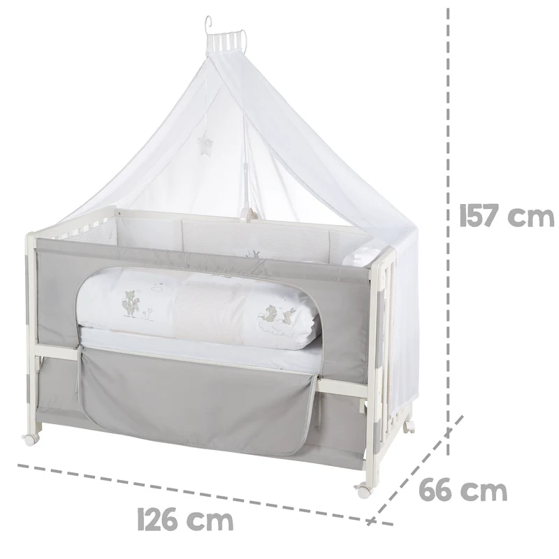 Room Bed 'Fox & Bunny', 60 x 120 cm, höhenverstellbar, Beistellbett zum Elternbett mit kompletter Ausstattung